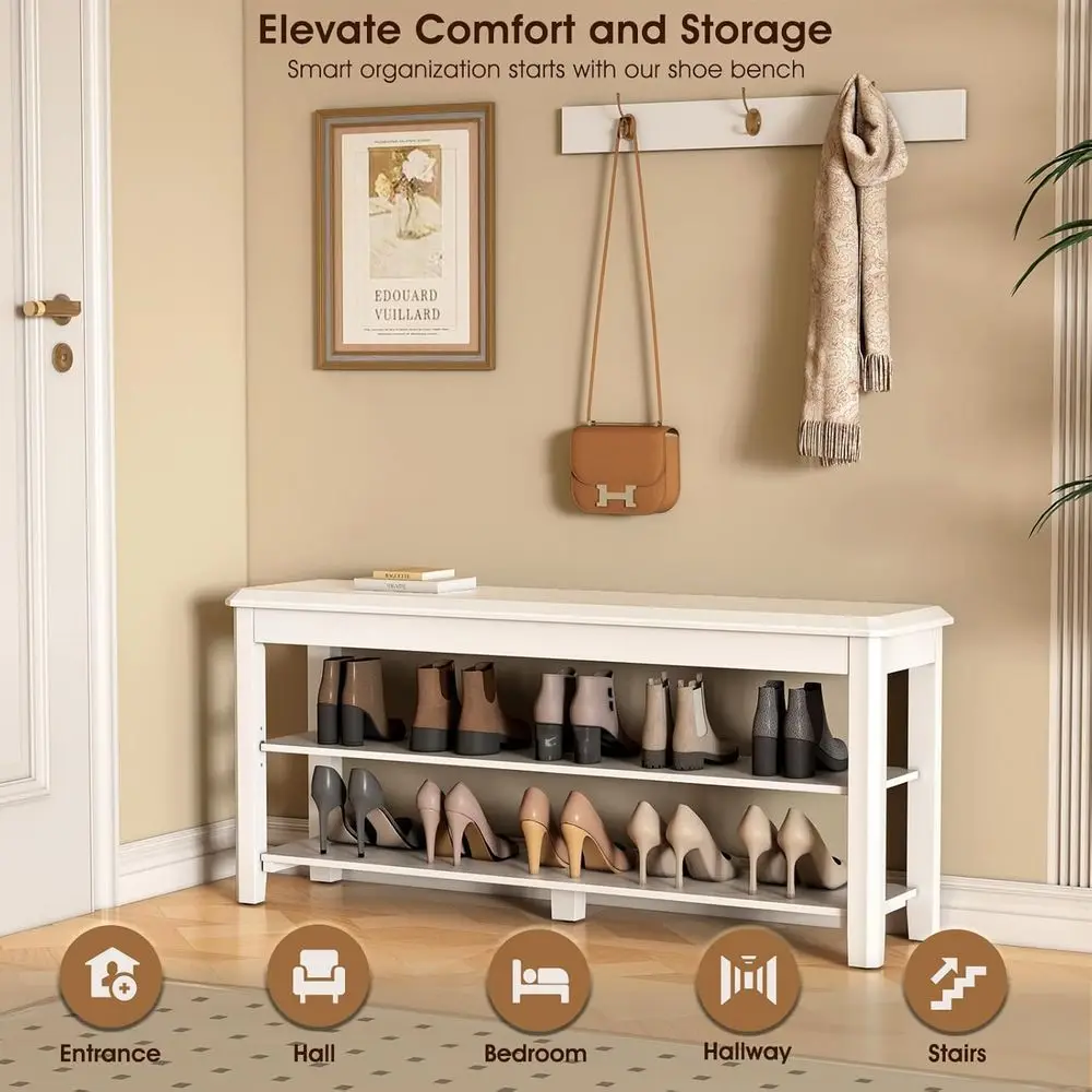 Mid-Century 2-Tier Rubberwood Shoe Storage Bench, 550lbs Capacity, Compact Design for Entryways and Halls