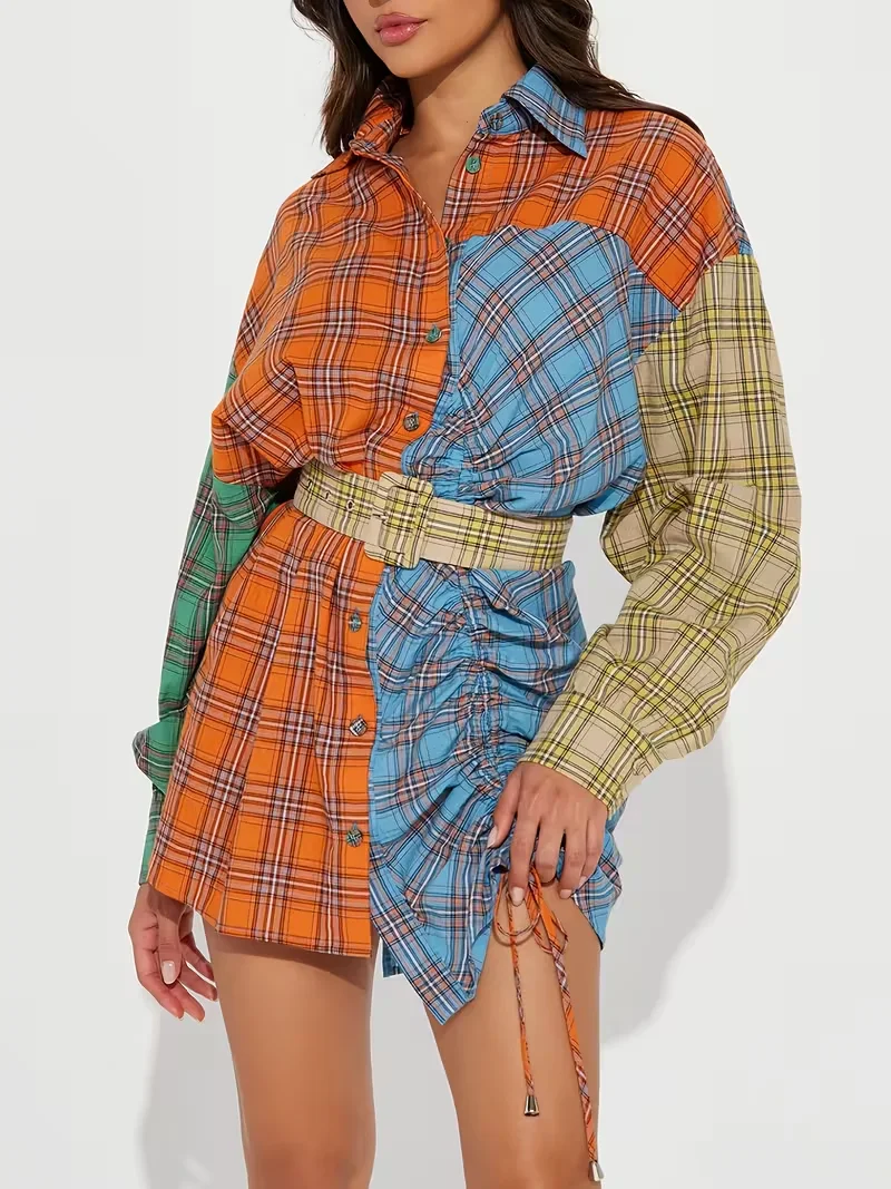 Abito camicia da donna, nuovo mini abito scozzese color block autunno/inverno - arancione/colori misti
