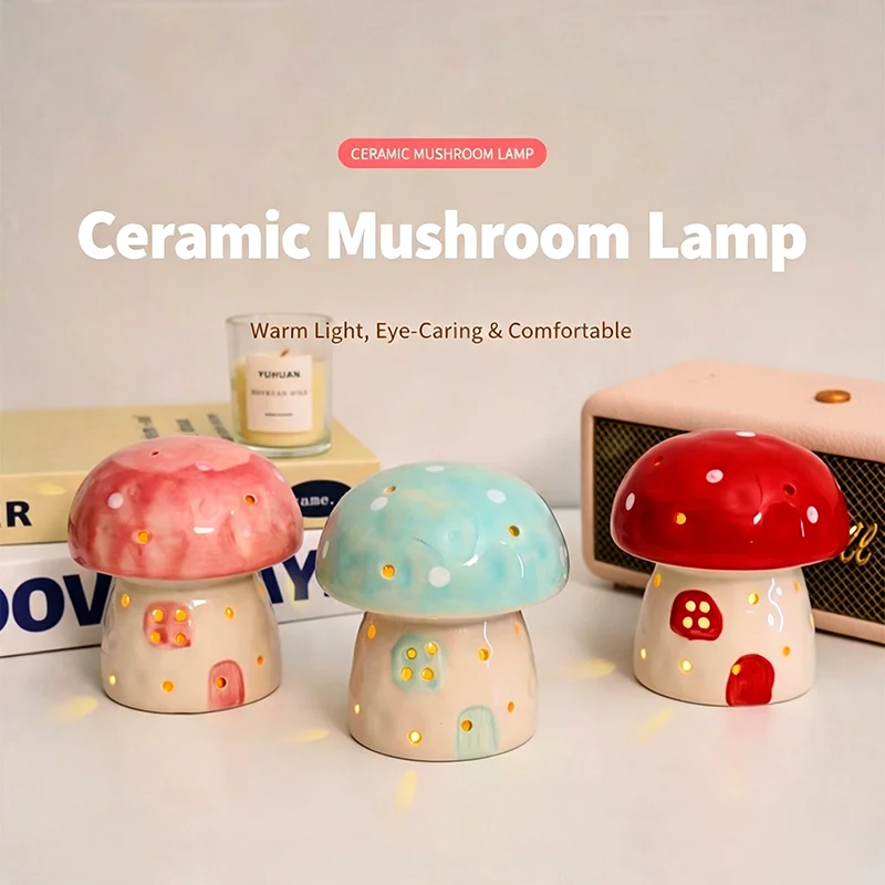 Nordic Ceramic Mushroom Led Night Light, Eye‑caring Bedside Sleeping Lamp, Cute Table Decor Nightlight Birthday Holiday Gift