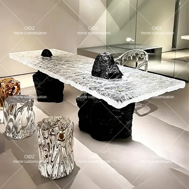 Transparent Resin Dining Table Glacier Water Ripple Design Large Board Office Desk Art Coffee Tea Table Light Luxury Style