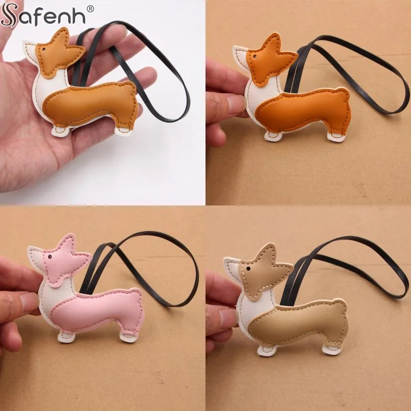 1*Fashion Cute Little Dog Keychain Cartoon PU Leather Charms Exquisite Multi Layer Hanging Decor Splicing Corgi Dog Bag Pendant