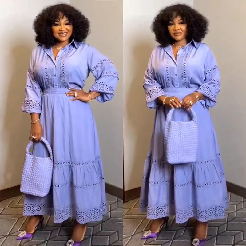 

New Elegant Hollow Lace Skirt Set Woman Lantern Sleeve Shirt Ankara Dashiki Suits Dress Elegant 2 Piece Outfits African Clothing