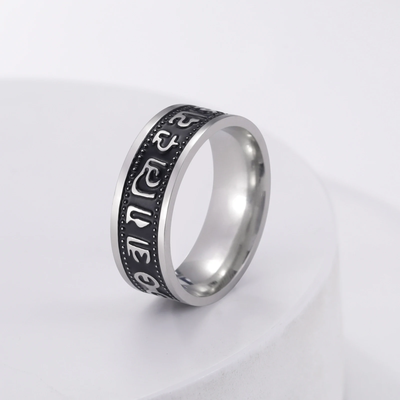 COOLTIME Tibetische Sprichwörterringe mit sechs Charakteren, Edelstahl, Om Mani Padme, Hum-Ringe für Männer und Frauen, buddhistischer Amulett-Schmuck – Detail 4