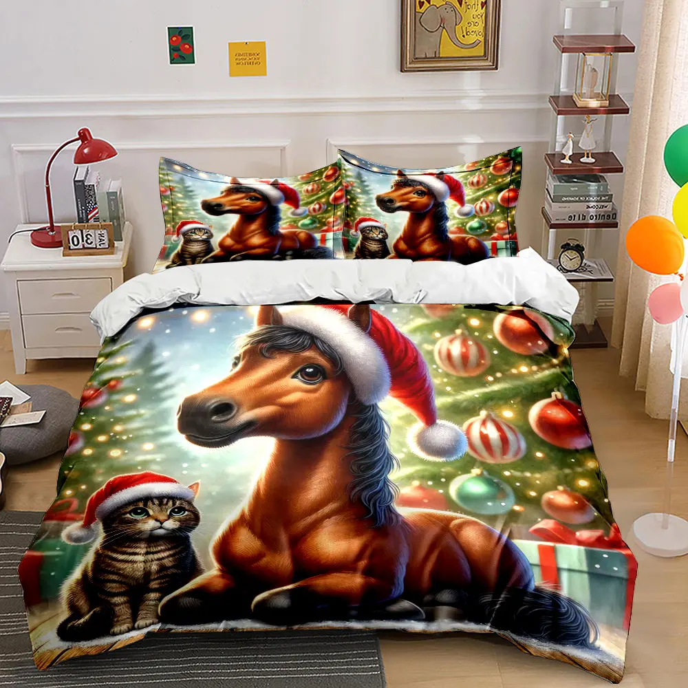 Cute horse and cat in Christmas outfits by a tree Print Duvet Cover Bedding Set Included 1*Duvet Cover 2*Pillowcases