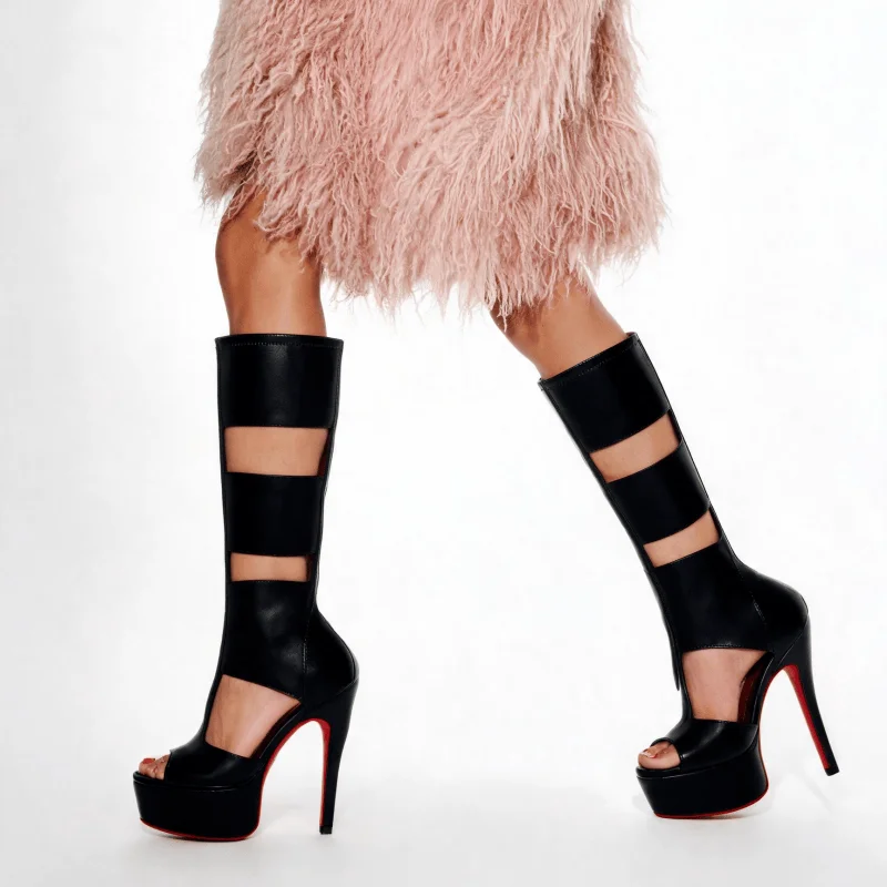 Black Patent Leather Cutout Platform Knee High Gladiator Heel Sandal Boots for Women Open Toe Multi-Strap Hollow Stiletto Boots