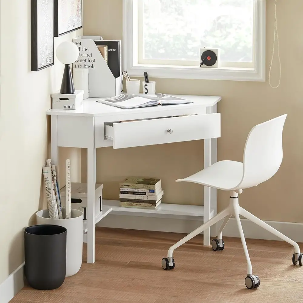 Haotian Small Desk | e Computer Desk with Der and Shel, Writing Vanity Table or Home, Oice (White WT31-W)