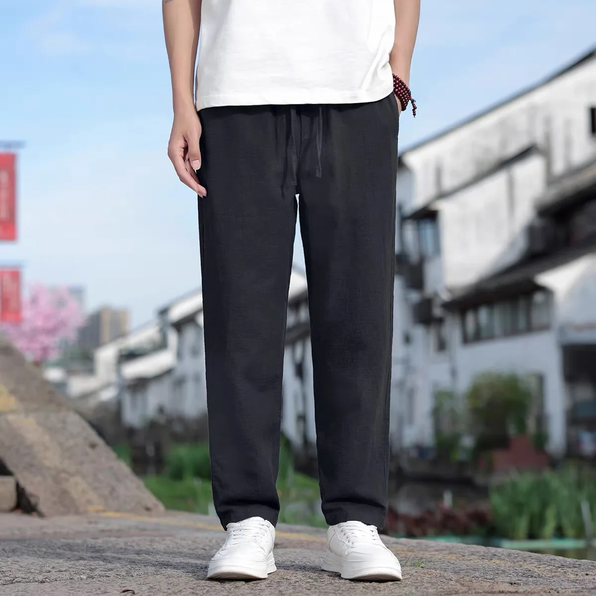 

Летние повседневные хлопковые льняные брюки свободного кроя с эластичным поясом, тонкие, дышащие, мужские, удобные, легкие.