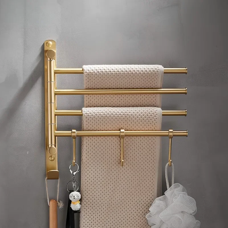 Luxury Brushed Gold Towel Bar All Copper Folding Rotating Rack Bathroom Storage Hook Movable Holder for Modern Home Decor All