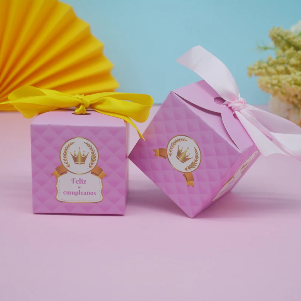 صندوق حلوى ورقي صغير وردي ، تاج ذهبي مطبوع ، مناسب للمناسبات ، هدية للضيوف ، ديكور الضيوف ، لصالح الحفلات ، حفل الحدث ، صبي ، فتاة ، أطفال ، 10 قطعة #1