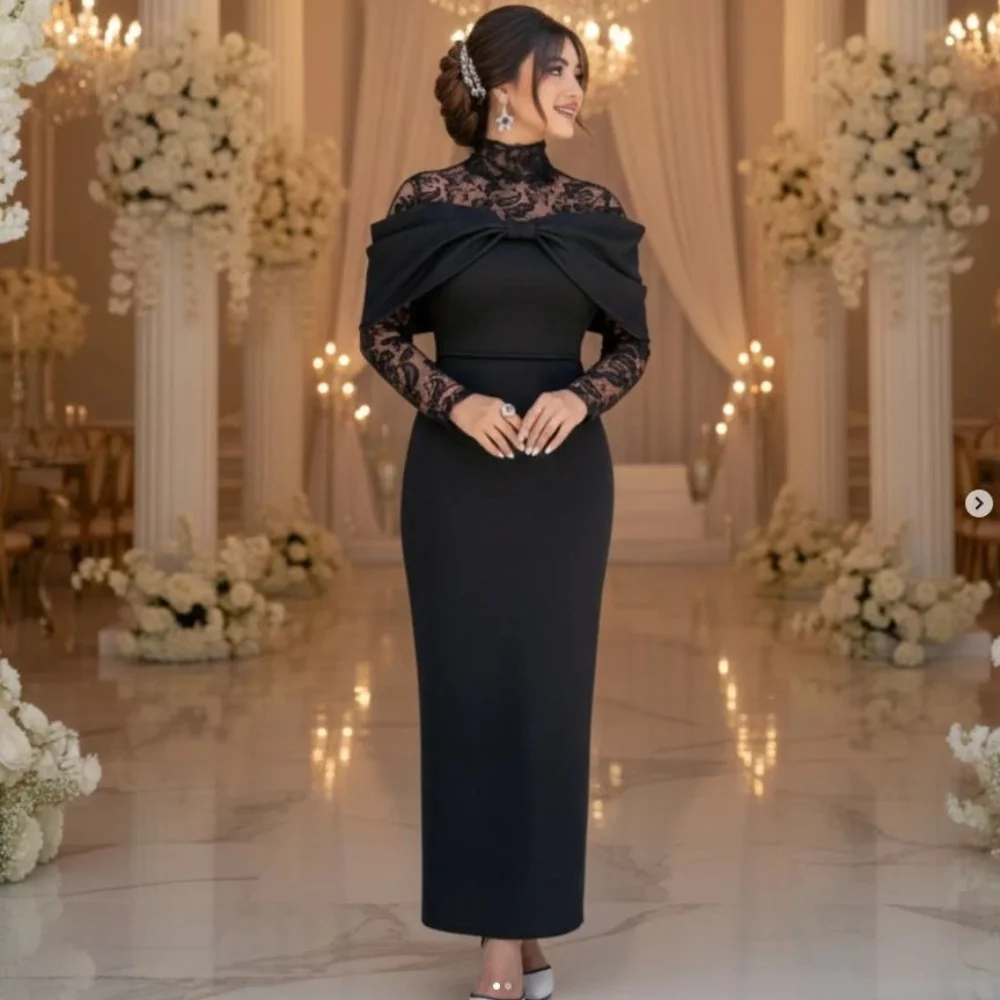 Customized Matching Casual Pleat Lace Bow Straight High Collar  Ankle Length Evening Dresses for Woman High Quality Classic