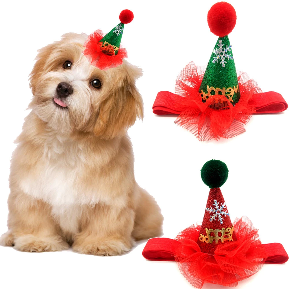 1PC Christmas Pet Dog Cat Caps Cat Hat with Lace Adjustable Dog Strap for Puppy Festival Decorate Hair Accessories Pet Supplies