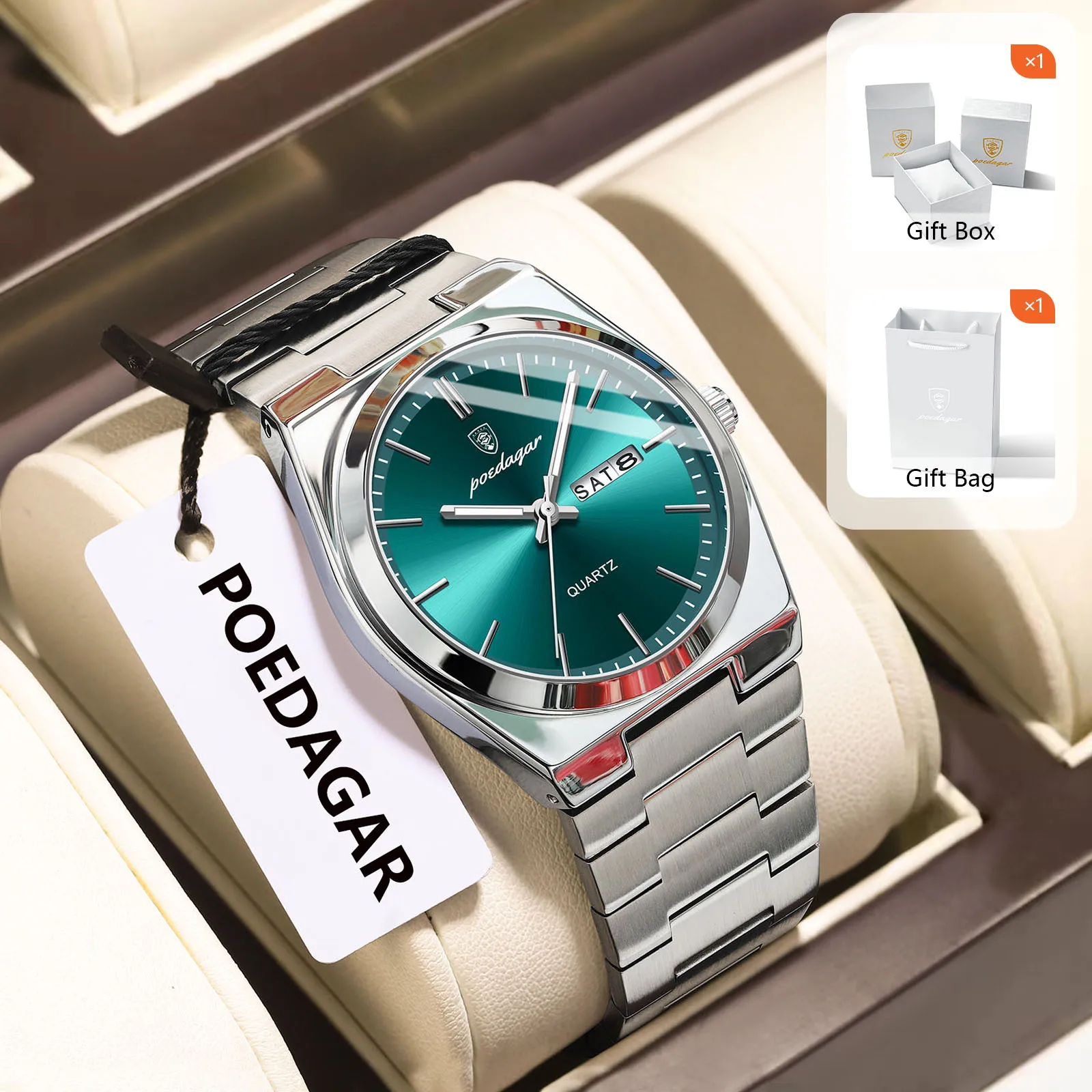 POEDAGAR Original Quartz Men's Watches Waterproof Luminous Date Week Men Watch Stainless Steel Luxury Casual Male Watch+Gift Box