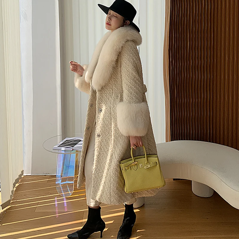 2023 New Winter Women Wool Blends Long Coat Real Fox Fur Collar Cuffs Thick Warm Jacket Tweed New Luxury Outwear Female Coat