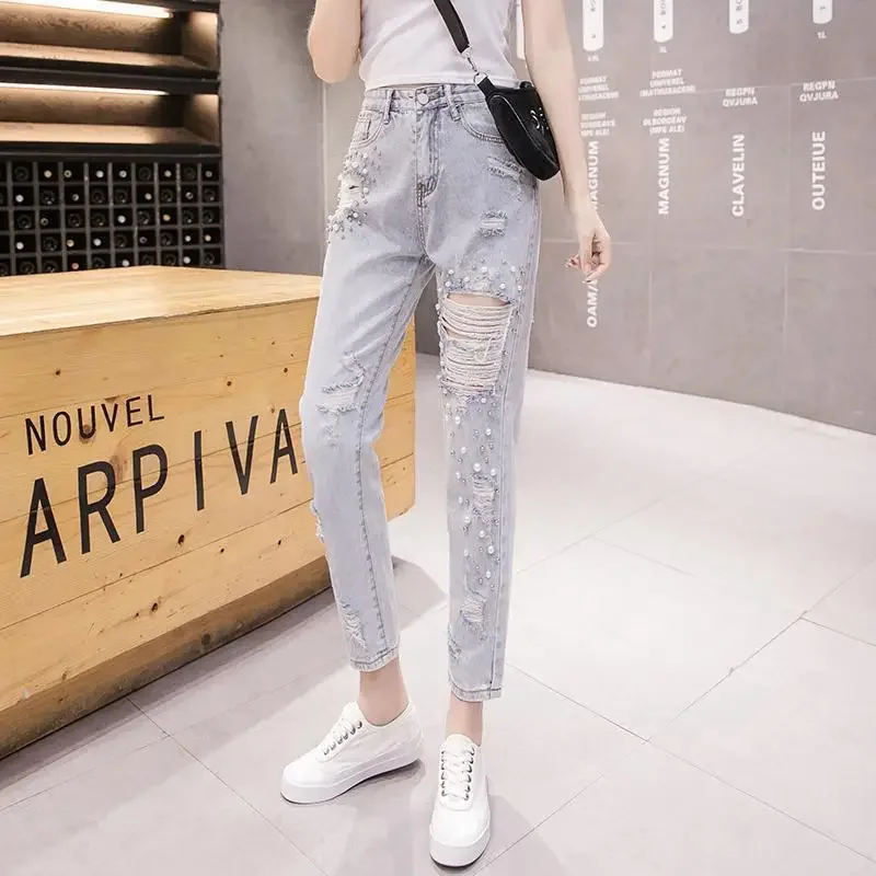 Jeans strappati da donna Pantaloni in denim con perline a vita alta per donna Taglia allungata X Larg Pantaloni strappati della Corea del Sud Baggy Office A