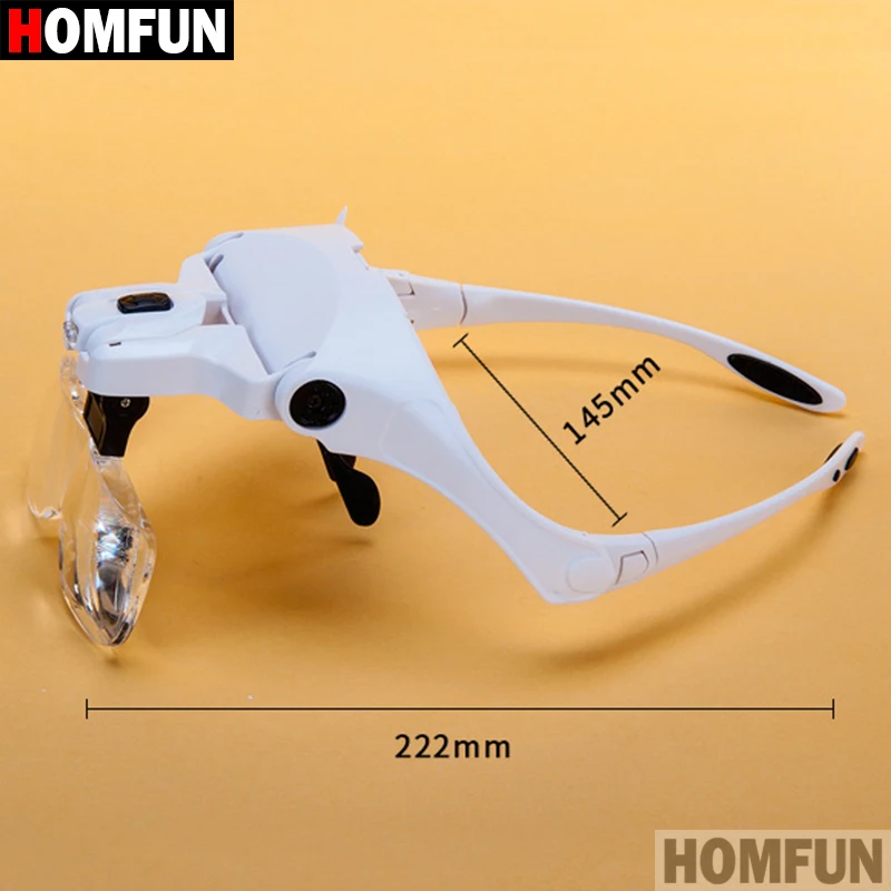 HOMFUN Diamentowy haft 1.0X 1.5X 2.0X 2.5X 3.5X Regulowana lupa z 5 soczewkami LED Light Opaska na głowę Lupa ze szkłem z lampą