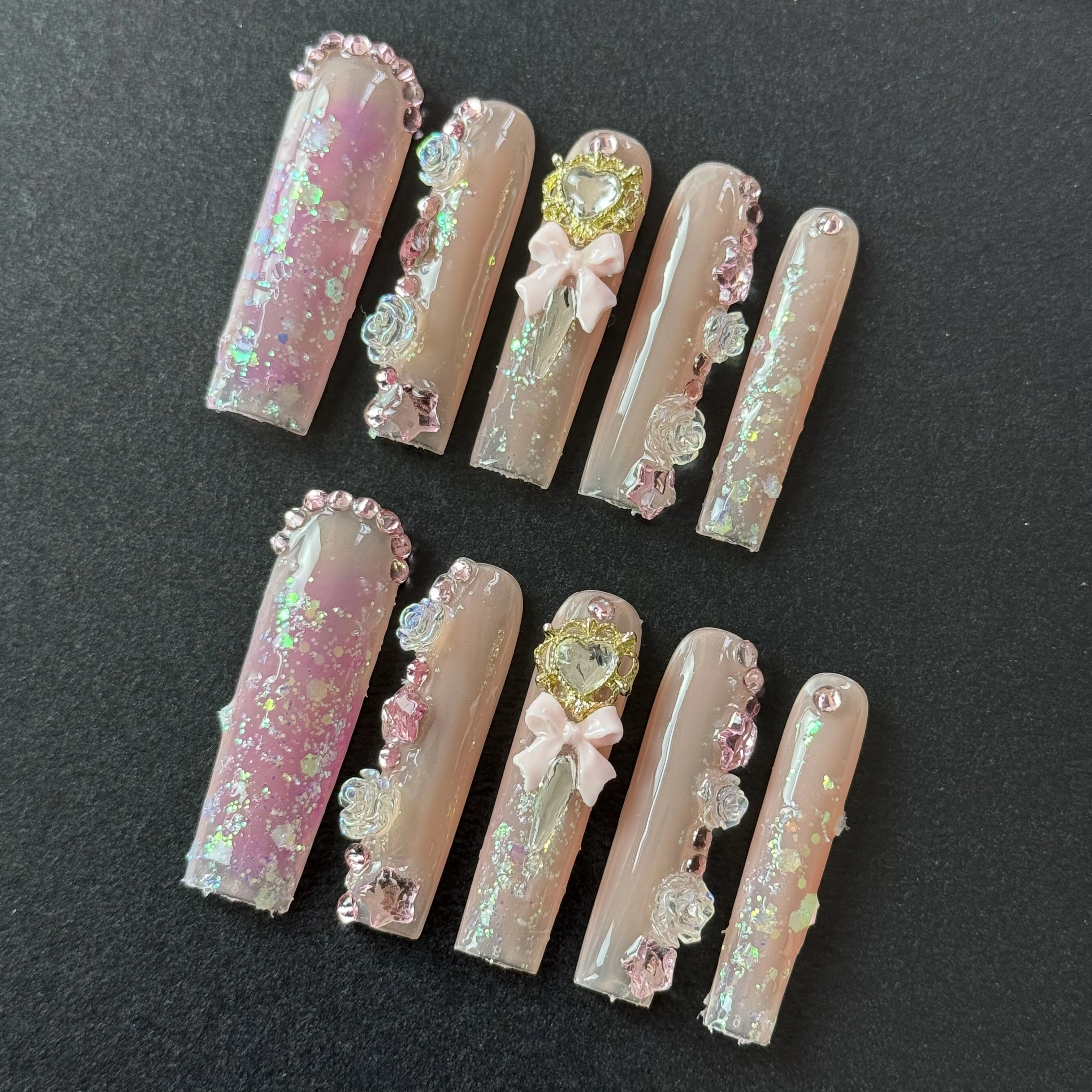 10pcs high-end Sweet and cute style, hand-painted three-dimensional rose, bow, sparkling sequins, heart diamonds handmade fake