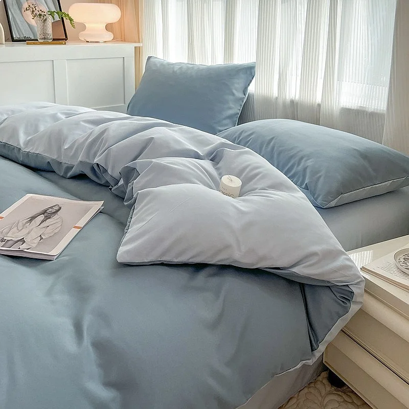NEW INS Style 4Pcs Solid Washed Cotton Duvet Cover Set Bed Sheets Pillowcase