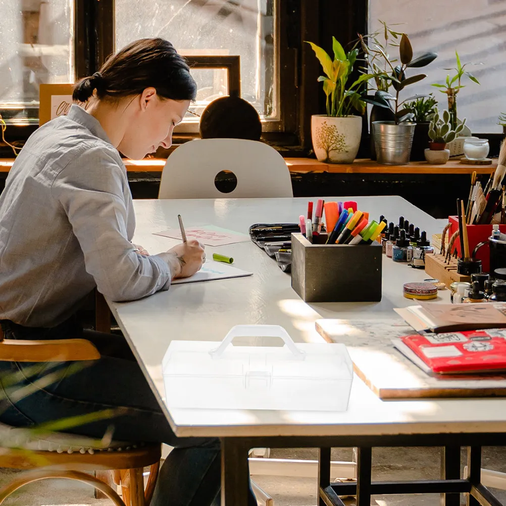 

2Pcs Transparent Thickened Storage Box Portable Paint Brush Organizer Handle Art Tool Box Watercolor Brush Holder