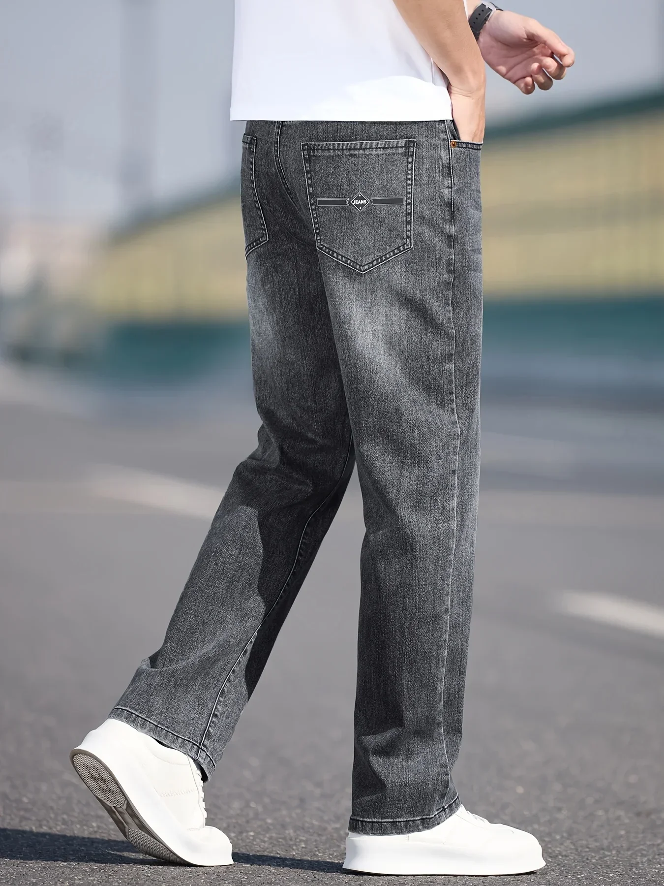 Men's straight-leg baggy jeans, new washed, vintage high street, breathable stretch, wide-leg cargo business casual pants view 4
