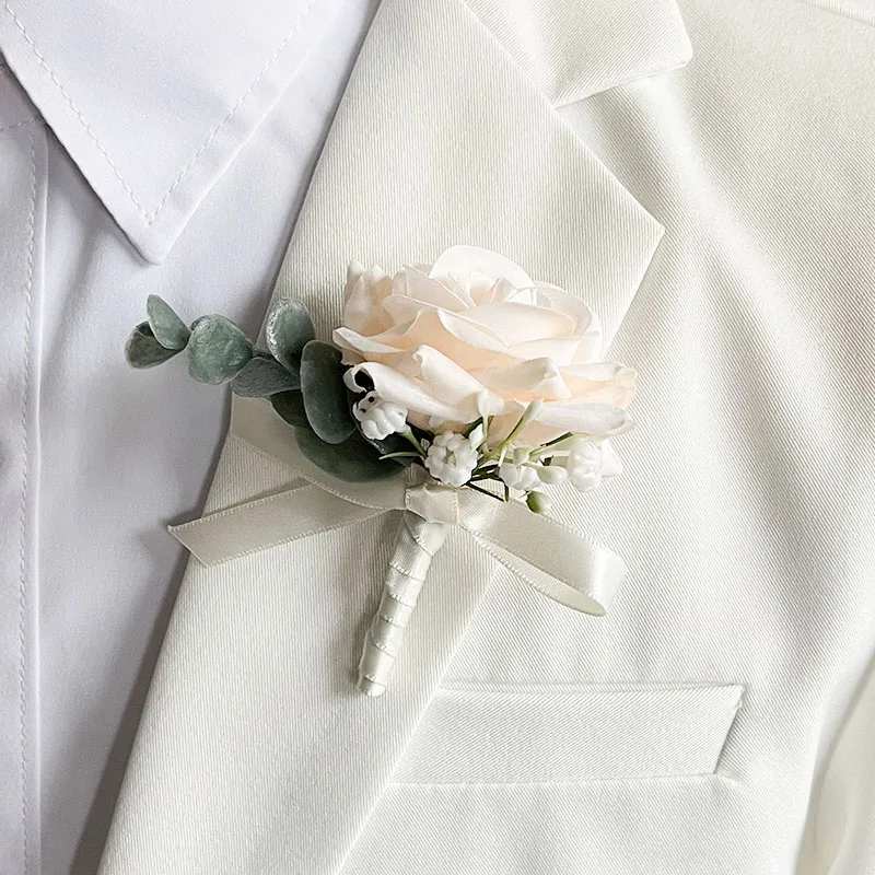 Корсаж для бойфренда Бутоньерка Свадебные аксессуары Брак Синяя петля для гостей Брошь Цветы Шелковая роза Корсаж для жениха