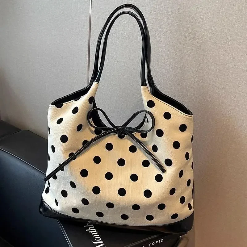 Commuter Large Capacity Boston Bag Women New Popular Canvas Polka Dot Shoulder Underarm Bag Fashion Satchels Casual Tote Package