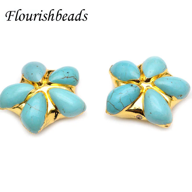 

30x32mm Natural Blue Howlite Stone Flower Shape Loose Beads Gold Plating Connector DIY for Necklace Bracelet Jewelry Making