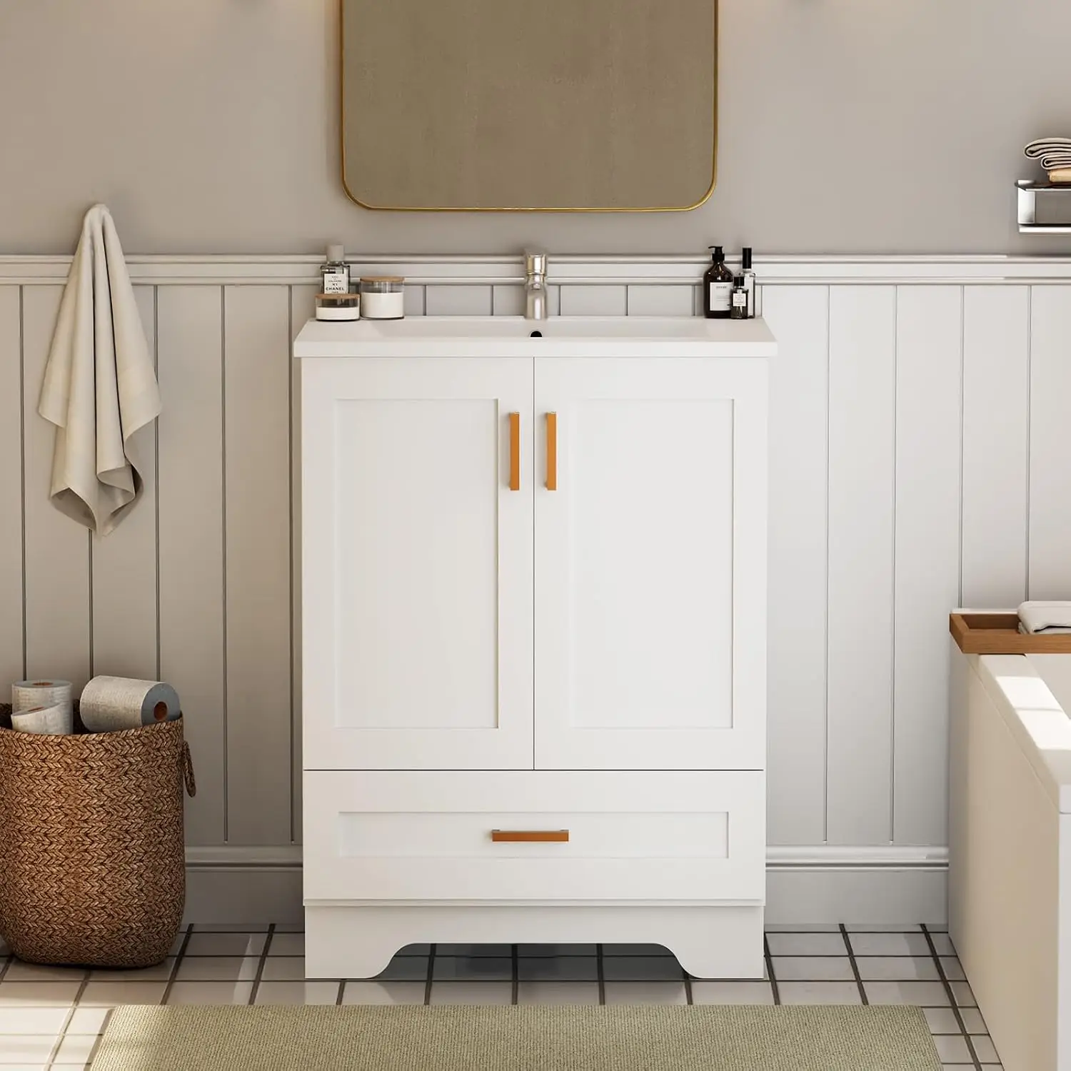 24 Inch Bathroom Vanity with Sink – White Freestanding Vanity with Soft Close Drawers & Double Soft Close Doors,, Customized