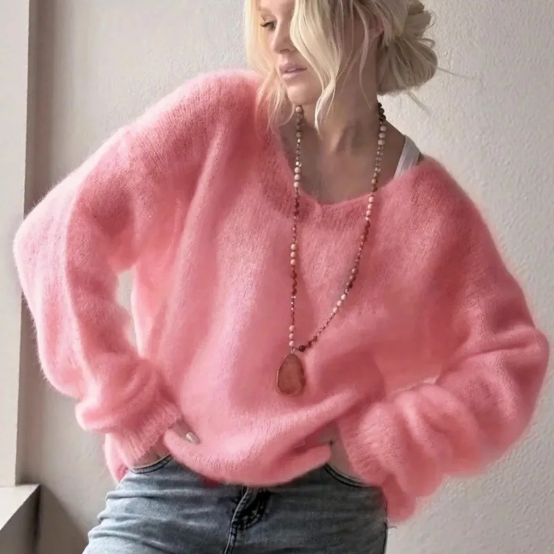 

Women 2026 Autumn/Winter Knitted Jumper Fashion Solid Color Loose Thin Top Clothes V-neck Long Sleeved Pullover Casual Sweater