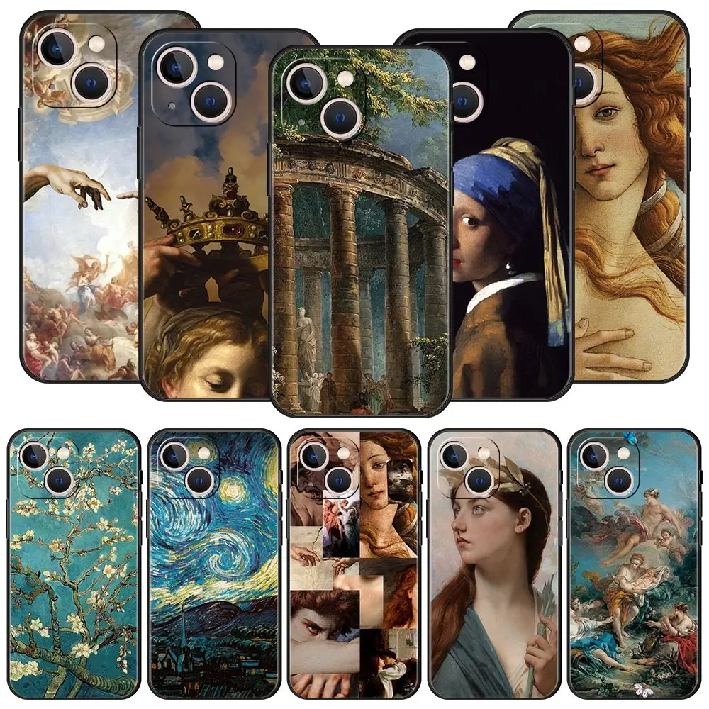 Renaissance art Painting For iPhone 11 12 13 15 14 Pro Max Phone Case X XR XS 7 8 Plus SE 2020 Luxury Black Soft Cover Funda