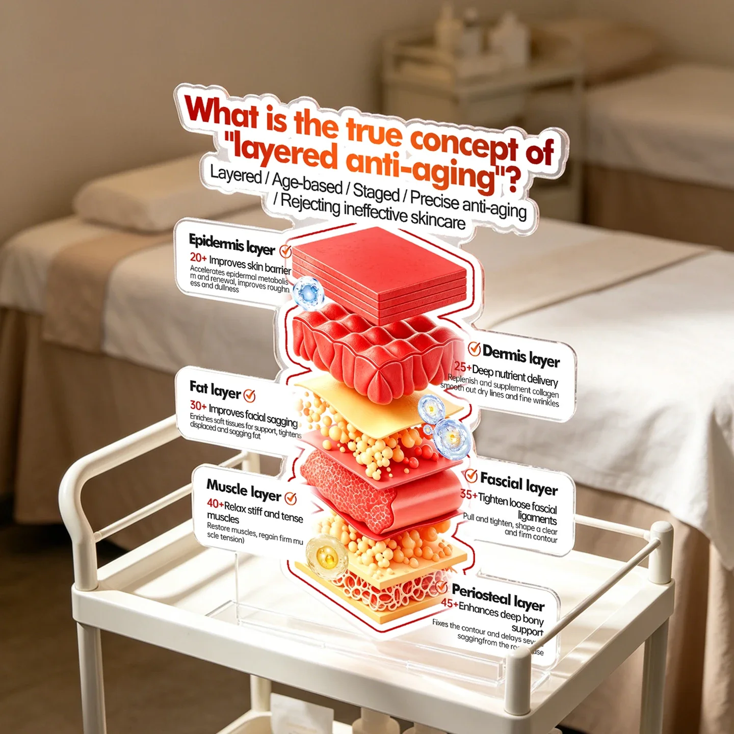 Professional Skincare Educational Display Plaque, 3D Skin Structure Layered Anti-Aging Acrylic Sign for Patient Consultation