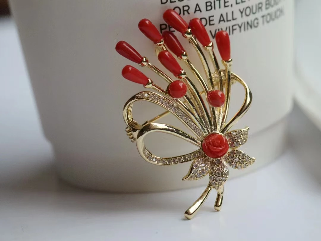 1pcs/lot Natural Red Coral Brooch Pendant Large bouquet Classic good-looking Stylish and generous Deluxe exquisite female gift