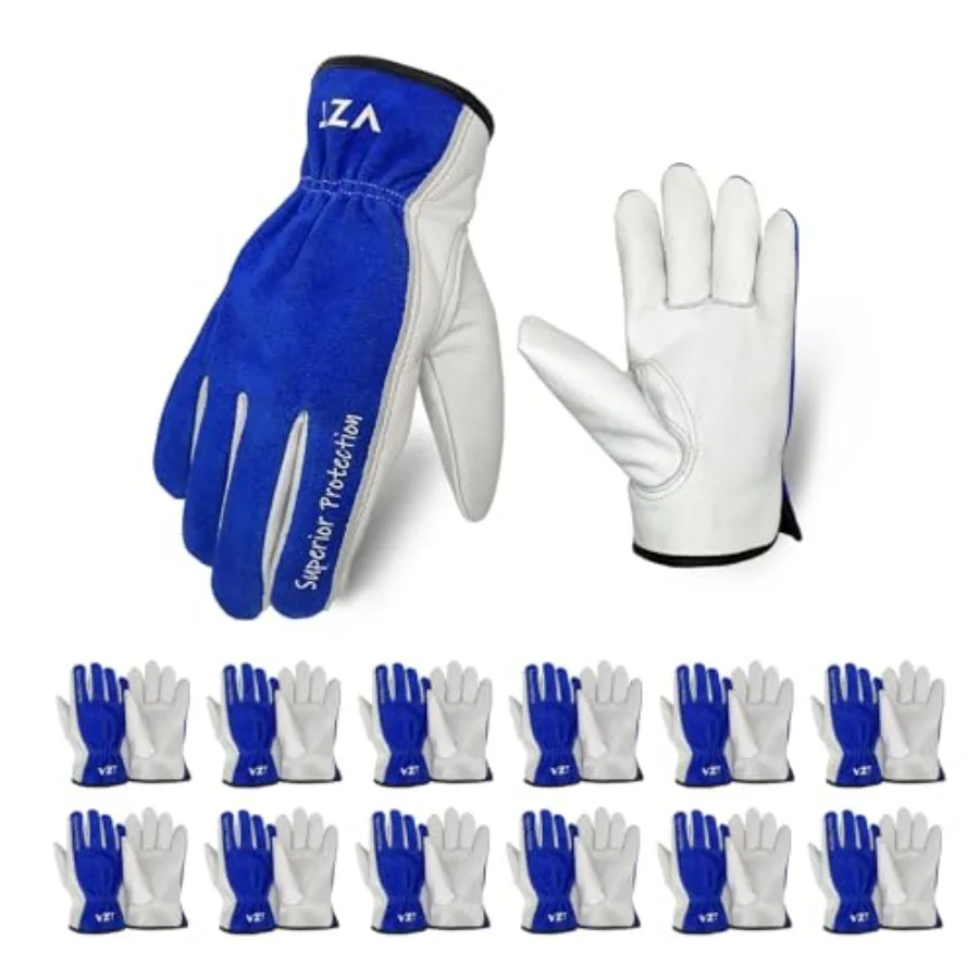 

12 Pairs Bulk Leather Work Gloves for Men or Women for Construction Wood Cutting Driving Water Resistant Keep Warm Soft Cowhide