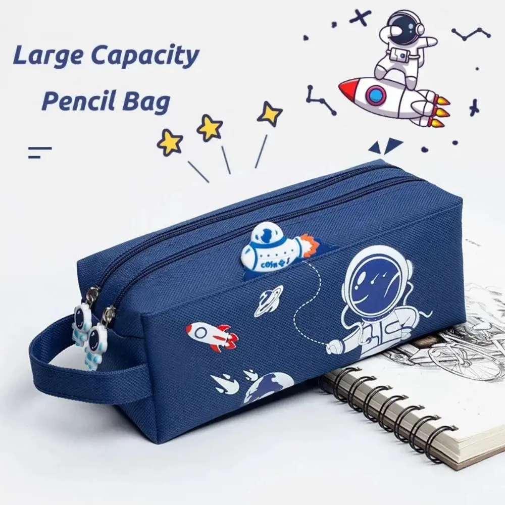 Tempat pensil portabel astronot Luar Angkasa tas alat tulis anak-anak kartun lucu tas penyimpanan kapasitas besar tas pensil kanvas pelajar sekolah