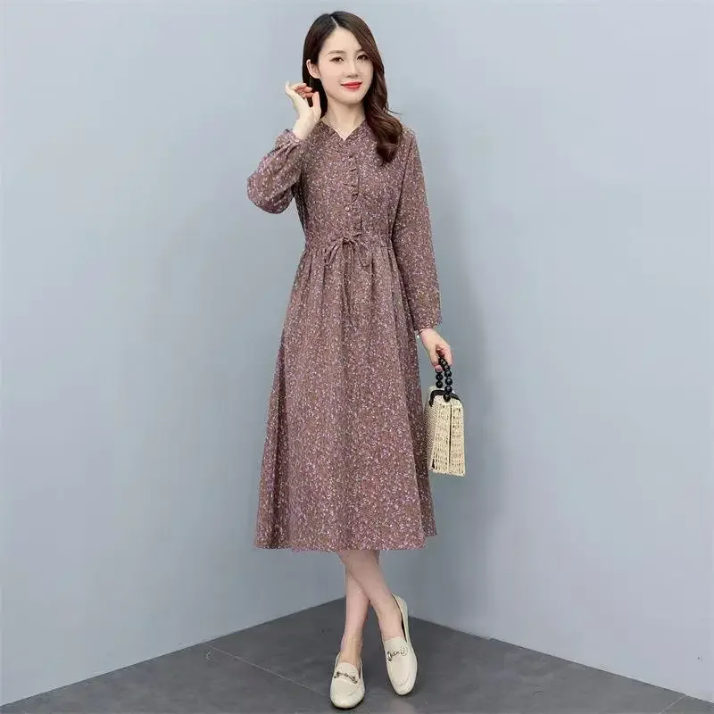 

Pop New Spring Summer Women Long Sleeve V-Neck Midi Dresses Ruffles Drawstring Floral Print Party Dress Women Clothes