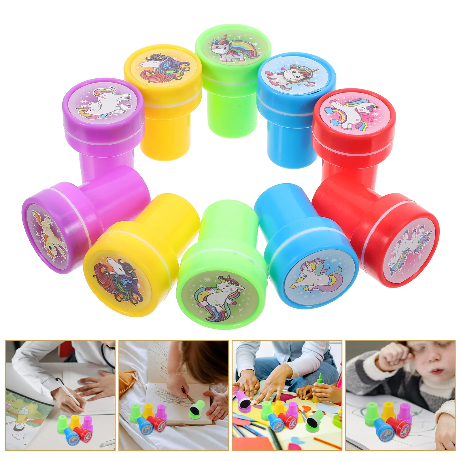 Mini sellos de sello de unicornio para niños pequeños, sellos temáticos, bandeja de servilleta de papel, favores de sello, 10 piezas