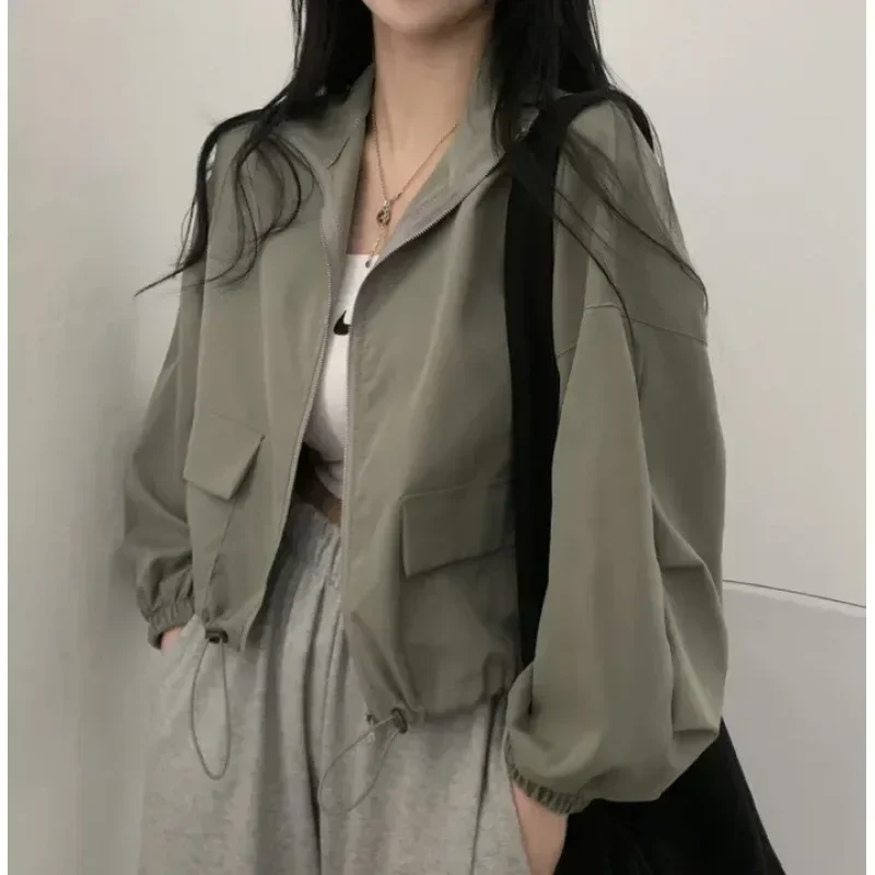 Girl Coat Spring AutumnThin Sun Protection Windproof Retro Versatile Workwear Drawstring Cropped Baseball Jacket Top Coat Trendy