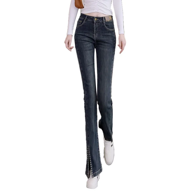 Black micro-cropped denim pants spring high-waisted slimming wide-leg pants casual horseshoe horn pants for women