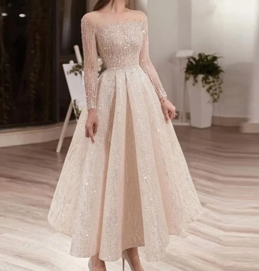 Luxury Beige Midi Evening Dress for Women Party Long Sleeve Illusion Neck Ankle Length Arabic Bridal Formal Gowns فساتين سهرة