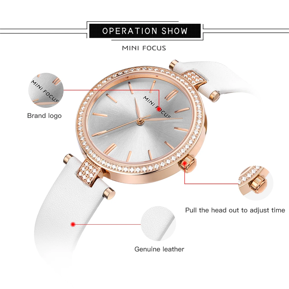 MINI FOCUS Japanese Movement Ladies Watch Rhinestone Case Luxury Elegant Genuine Leather Strap Vintage Office Style 0039L