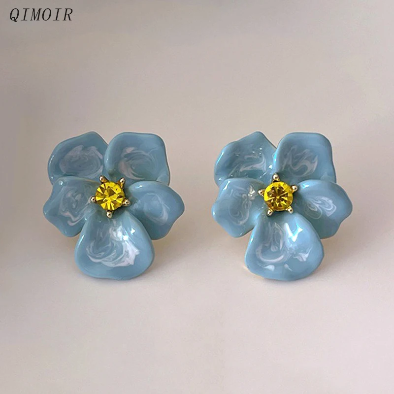 Metal Flower Blue Enamel Petal Post Earrings For Women Fashion Jewelry Elegant Holiday Accessories Fancy New Styles Gifts C1654