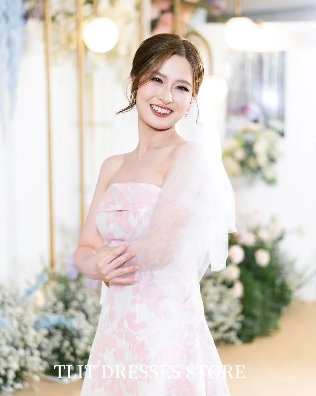 TLIT Fee Afdrukken Bloemen A-lijn Avondjurk Jurk Strapless Galajurken Aangepaste Rits Terug Lange Formele Gelegenheden Jurk