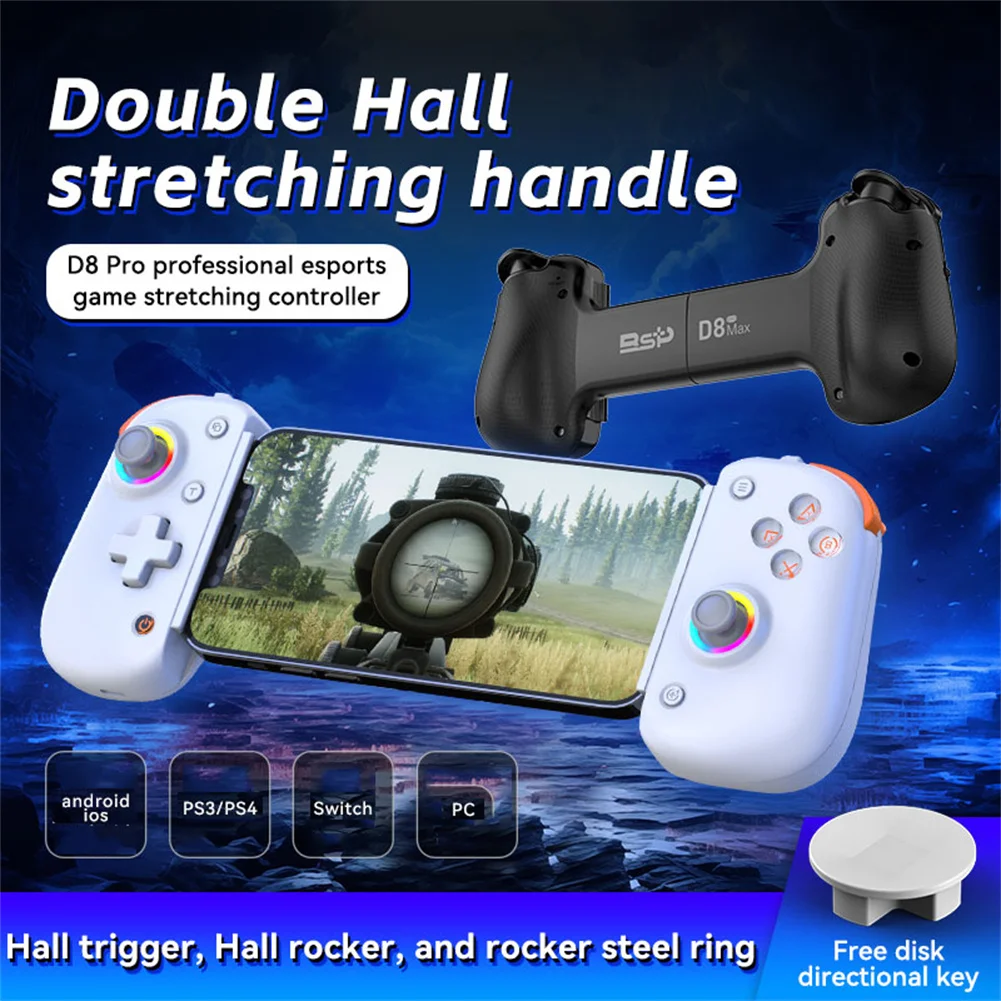 

D8 Pro Tablet Controller Handle Wireless Game Stretching Joystick Dual Hall Sensor Gamepad With 6-axis Motion Sensing For Phones