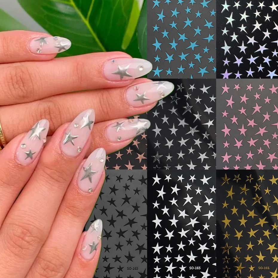 Y2k Pentagram Nail Stickers Featuring Silvery Golden Black White Star Designs  Mirror Hot Stamping Star Slider Nail Decals DIY