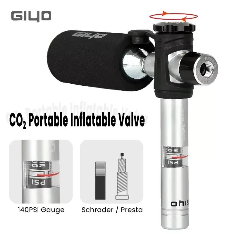 Giyo CO2 Cartridge Inflator Bike Mini Tire Air Pump With Gauge Knob Switch Schrader Presta Adapter Alloy Bicycle CO2 Tire Pump