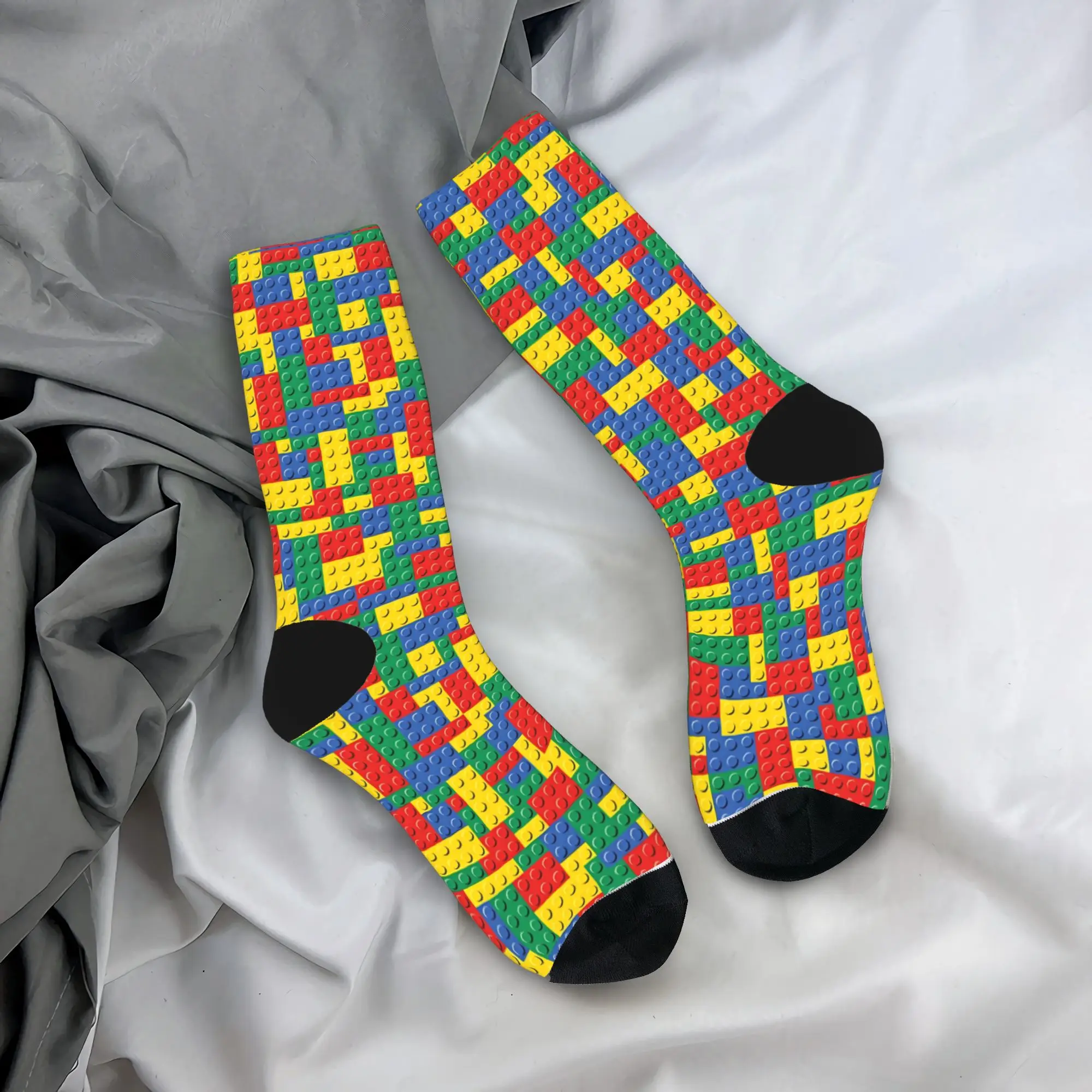 Men Socks Retro Primary Color Building Blocks Print  Stockings Winter Funny Quality Socks Design Outdoor Sports Anti Skid Socks