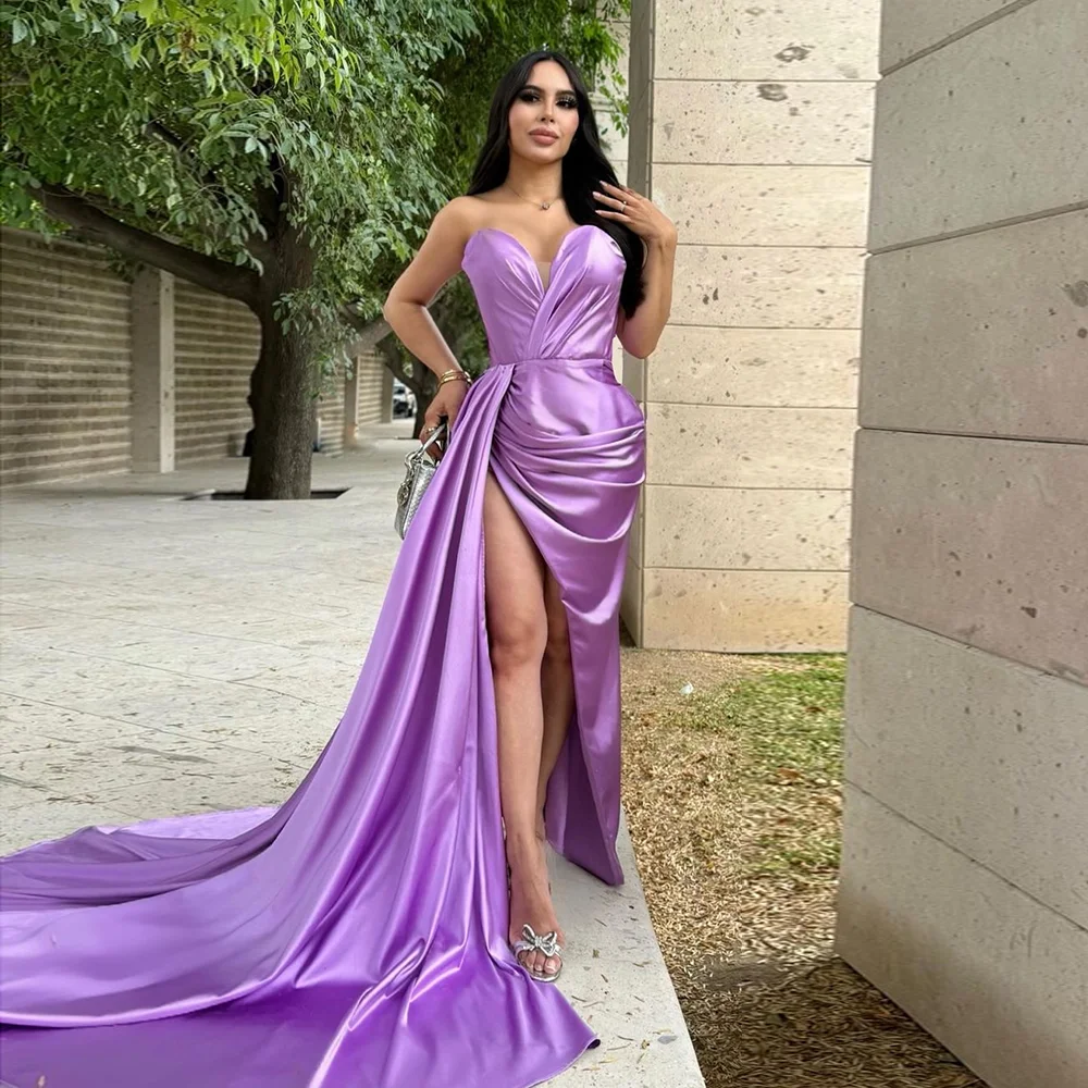 

Simple Strapless Satin Pleated Women Evening Dress Sexy Mermaid Side High Slit Court Evening Gown for Women vestidos de gala