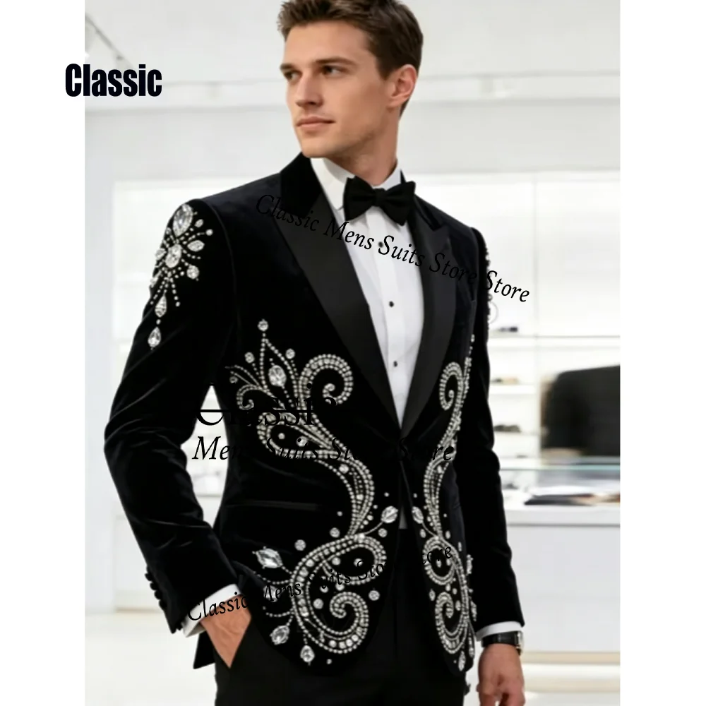 Customized Sparkly Velvet Men suit Simple Sequin Gem For Wedding Groom Male Prom Party Elegant Blazer 2 Pieces Set Tuxedos Slim
