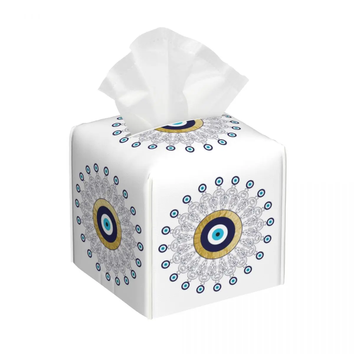 Custom Evil Eye Mandala In Gold And Blue Tissue Box Cover PU Leather Square Lucky Charm Amulet Facial Tissues Holder for Car