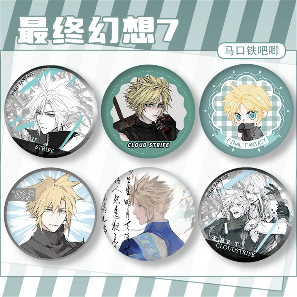 Game Final Fantasy VII Sephiroth Cloud Strife Aerith Gainsborough Cosplay Costume Badge Pin SPTE Tinplate Brooch Accessories