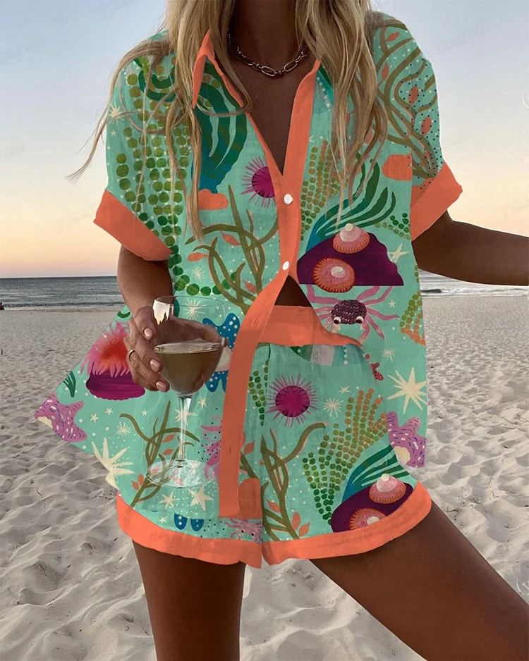 

2025 Summer Vacation 2-Piece Shorts set 3D Printed Seaside Tropical Casual Lapel Shirt Blouse Shorts Suits Beach Holiday